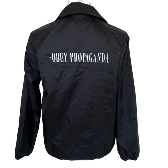 OBEY Unisex Size Small Black Windbreaker Jacket Snap Front Collar Streetwear - Picture 7 of 7
